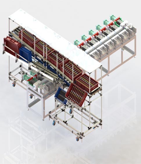 Immagine di un’isola di lavoro Lean. Linea di produzione ed assemblaggio corredata da un asservimento mobile. L’asservimento è con rulliere a gravità