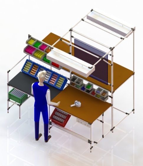 Immagine 3D con un esempio di postazione di lavoro ergonomica Lean Manufacturing. Piano antiriflesso, luci, altezza regolabile e facile accesso ai componenti. Ideale per assemblaggio, montaggio, confezionamento.